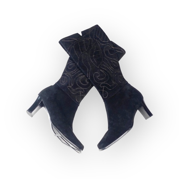 new Chico’s 𑁍 Italia Tall Metallic Embroidery Heeled Boots 𑁍 Black Suede 𑁍 6 - Picture 7 of 16